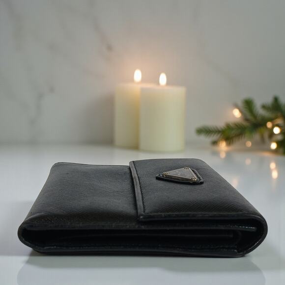 Authentic Prada Saffiano Leather Triangle Logo Trifold Black Wallet - Picture 12 of 16